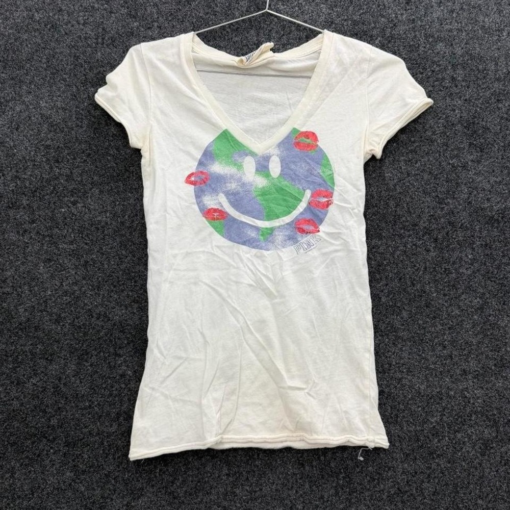 Pink Victorias Secret Earth Smiley Lips Graphic V-Neck Baby Tee Womens XS White